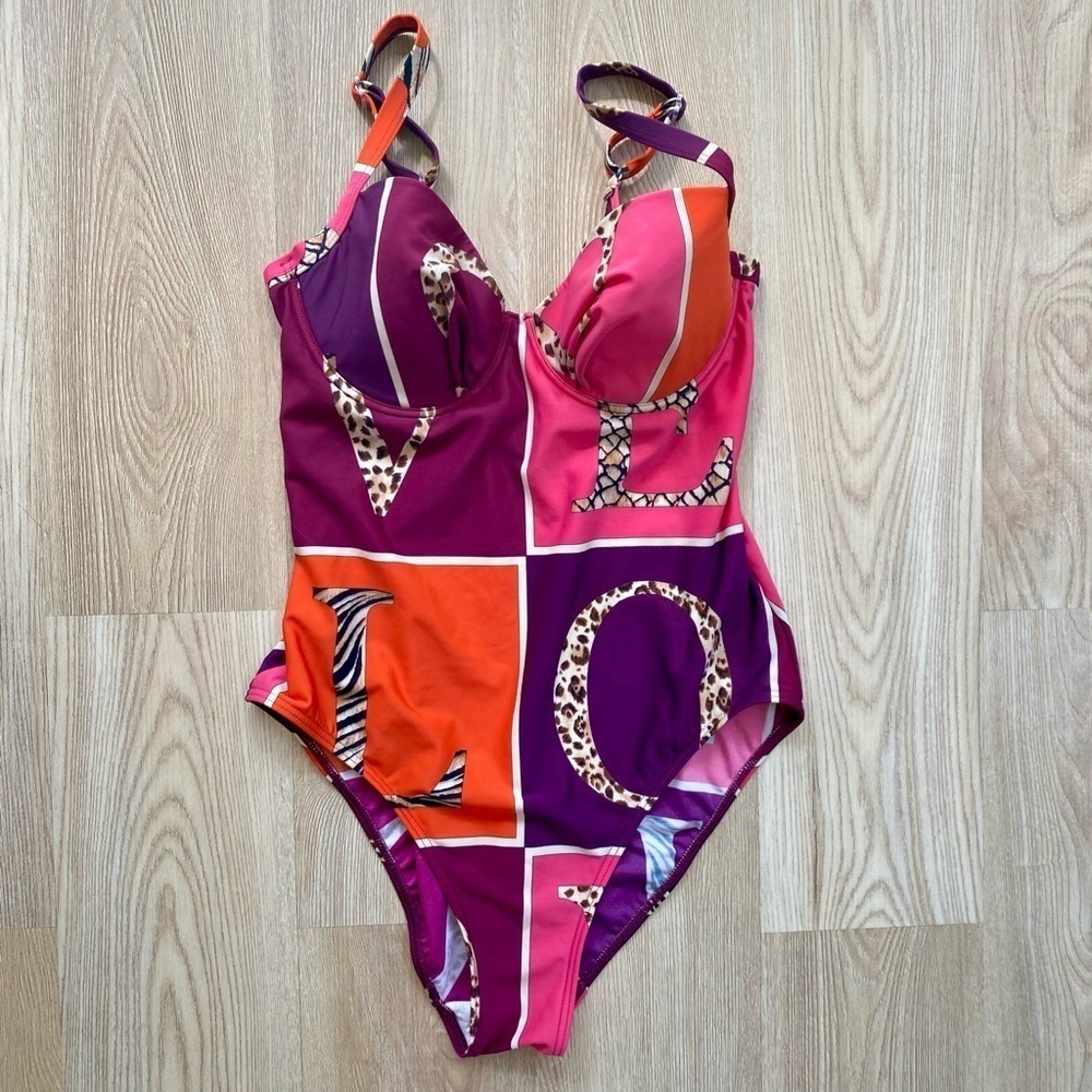 Rasurel Pink & Purple LOVE Animal Print Swimsuit | Color Block | Size 4 B Cup